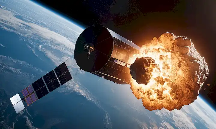 ilustración 3D de un satélite SpaceX en órbita alrededor de la Tierra, un asteroide grande que se encuentra cerca de ella, con un sendero débil de escombros y estrellas cósmicos que brillan en el fondo, cálidos hues rojo naranja, bordes afilados, texturas detalladas, un sentido de movimiento y peligro