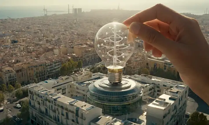 células 3D, hebras entrelazadas de ADN, una estructura molecular, un momento de faro, un microscopio, un técnico de laboratorio, un paisaje urbano de Barcelona, un entorno hospitalario, un fondo futurista, símbolos médicos, una mano extendiéndose, un rompecabezas que se reúne, un avance