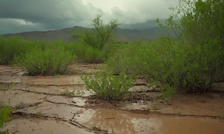 Nubes verdes reuniéndose sobre un paisaje desértico, plantas que crecen de grietas en tierra seca, niños riéndose bajo una lluvia recién formada, árboles con exuberante follaje brotando de semillas, gotas de agua brillando sobre hojas