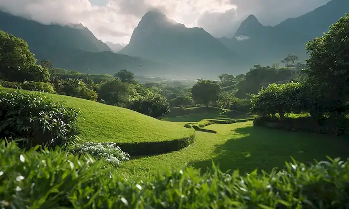 Un exuberante paisaje verde con plantadores en forma de nube dispersa, unas cuantas aves volando sobre la cabeza, una sutil neblina en el fondo, suaves sombras de sol arrojando sobre la hierba, y unas gotas de agua cayendo de las nubes arriba, rodeado de exuberante follaje, con una distancia de montaña visible más allá