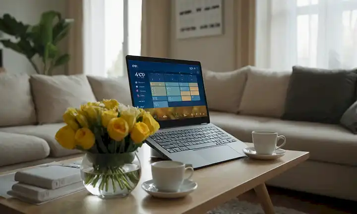 Una persona que lleva guantes y una máscara, sentado en un sofá con un portátil abierto a un calendario digital; un fondo borroso de un salón; un ramo de flores en la mesa de café; un vaso de agua cerca; un ligero toque de luz solar a través de la ventana