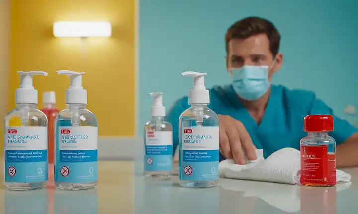 ilustración 3D de partículas de virus rodeadas de botellas desinfectantes a mano y máscaras faciales, con una textura de fondo sutil parecido a una habitación hospitalaria, con una persona en la distancia con un círculo rojo alrededor de su cabeza para indicar riesgo de infección, en medio de un sutil gradiente de tonalidades azules y amarillas para representar seguridad y precaución