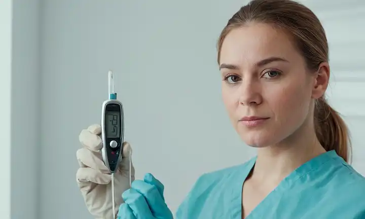 Una persona que lleva una máscara y guantes, de pie frente a un fondo blanco, con objetos borrosos en la habitación, con un termómetro vacío, mirando relajado pero cauteloso, rodeado de esbozos débiles de equipo médico, con un toque de ventana o puerta ligeramente abierta