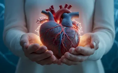 Un corazón humano con un símbolo sutil de mutación en su superficie