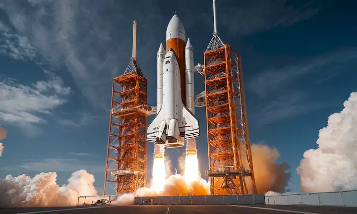 una nave espacial con paneles blancos y grises, un diseño futurista, astronautas en trajes naranjas, un motor de cohetes, un fondo ardiente, estrellas que brillan a través de nubes, un sentido del movimiento y el despegue, una pose dinámica, un enfoque en la nave espacial, un forro borroso con efecto borroso en movimiento, un sentido del drama y la emoción