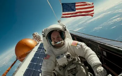 Spacecraft que se eleva en un cielo azul con nubes