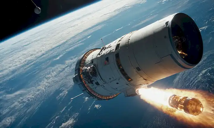 nave espacial aproximándose a la órbita, astronautas en trajes de vuelo, cápsula separada de cohete impulsor, onda de bandera americana, estrellas y la Tierra en el fondo, nubes que reflejan la luz solar, atmósfera azul alrededor, composición dinámica con líneas de movimiento