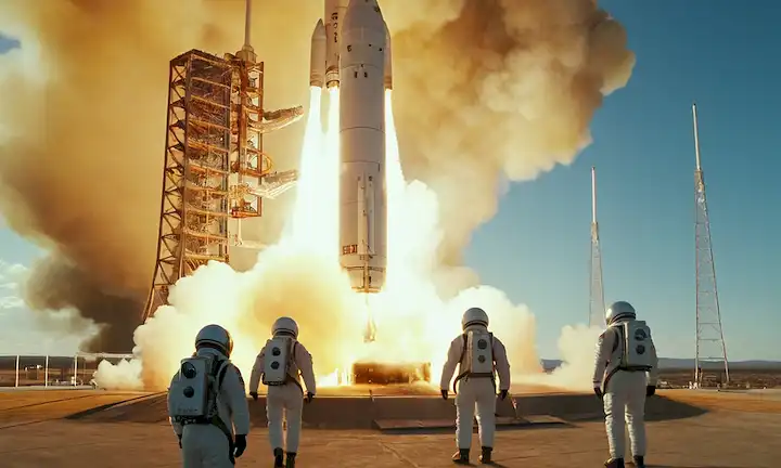 Una nave espacial similar a la cápsula con paneles solares y antenas, unida a un impulsor de cohetes en un lanzador, rodeado de humo y llamas, con astronautas en trajes presurizados entrando o saliendo de la nave, contra un cielo azul brillante con nubes blancas hinchadas, al atardecer