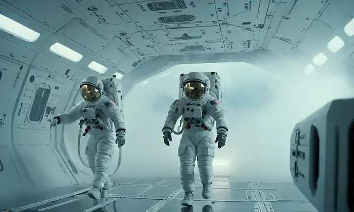2 astronautas en trajes blancos, de pie en una nave espacial brillante, rodeado de superficies metálicas elegantes, flotando en el aire medio entre nubes de niebla o niebla.