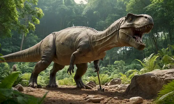Una ilustración de un sitio de excavación fósil T-Rex, con un paleontólogo en primer plano, sosteniendo un pincel y un martillo de roca, en medio de un exuberante entorno verde con árboles y plantas antiguos