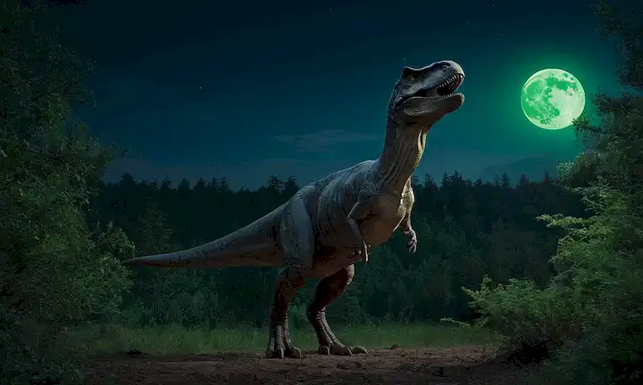 un oscuro cielo de noche azul con una luna llena, un rex de Tyrannosaurus de pie sobre sus patas traseras en el centro, un sutil efecto gradiente para transmitir profundidad, los ojos de T rexs brillando con una luz verde lencería, un esbozo débil de un bosque en el fondo, unos pocos árboles y arbustos esparcidos, un sentido del movimiento y la tensión en el aire