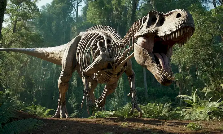 Esqueleto 3D de Tyrannosaurus Rex en un entorno natural, con vegetación exuberante y árboles antiguos en el fondo, el dinosaurio de pie orgullosamente con su cabeza masiva mantenido alto, sus dientes afilados y piernas poderosas en pantalla completa