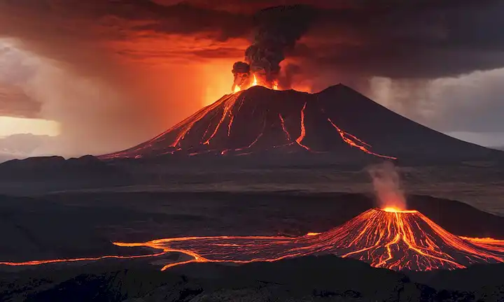 3D rendering of a massive volcán caldera, ardiente naranja resplandor al atardecer, torrente sobre un paisaje estéril con flujos de lava y nubes de ceniza que suben al aire, oscuras nubes de tormentas ominosas reuniéndose en el fondo