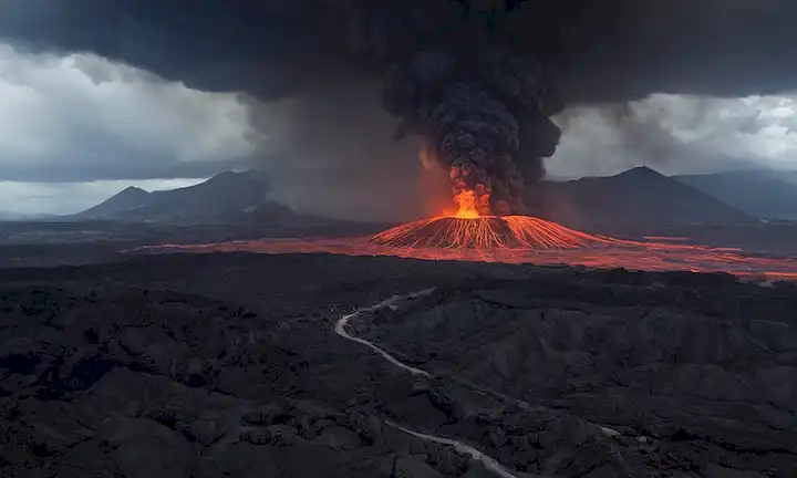 Representación 3D de una caldera, nubes oscuras y ceniza, flujos piroclásticos, lava fundida, montañas volcánicas, una erupción masiva ciruela, un paisaje devastado