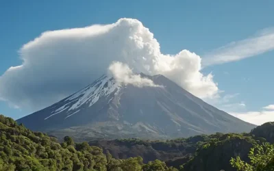 Un majestuoso paisaje volcánico con un pico enorme y cubierto de nieve en el centro