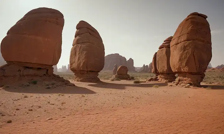 Paisaje desértico rojo naranja con formaciones rocosas retorcidas