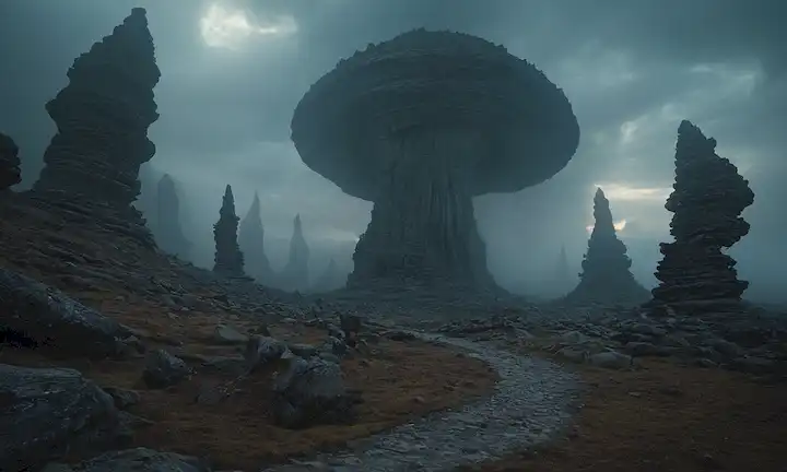 Un paisaje surrealista con rocas giratorias, cielos estrenosos y formaciones afiladas, con una estructura parecida al vórtice en el centro, rodeado de zarcillos peludos, niebla ebria, evocando un sentido desafortunado