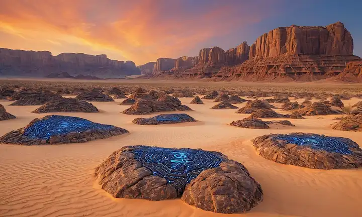 vibrantes rocas tigres azules emergentes de un vasto paisaje del desierto, con patrones intrincados parecidos a tableros de circuitos o redes neuronales, rodeados de imponentes formaciones rocosas que evocan la sabiduría antigua y la mística, contra un cielo anaranjado ardiente al atardecer, como si la tierra misma estuviera despertando para revelar sus secretos