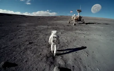 Una superficie lunar con una bandera estadounidense plantada firmemente en el suelo