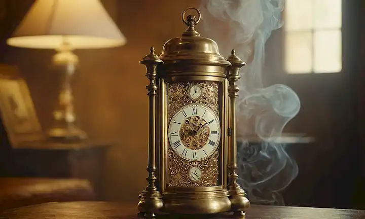 Reloj 3D con humo giratorio, caras de abuelas, fondo borroso de fotografías antiguas, manos de reloj antiguo envolviendo alrededor de reloj de hora, luz de oro caliente