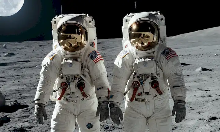 3 astronautas, caras sonrientes, aptos, de pie en la superficie lunar, bandera americana plantada detrás de ellos, Tierra visible en la distancia, reflejos del traje espacial, rocas lunares y cráteres