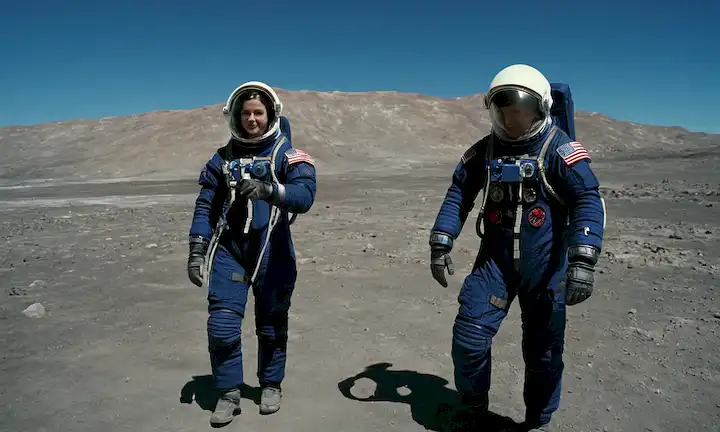 2 astronautas, Reid Wiseman y una mujer, traje de espacio negro, superficie lunar, bandera americana, brazo robótico, cráteres, terreno polvoriento, cielo azul brillante, nave espacial en órbita, estrellas gemir, astronautas sombra