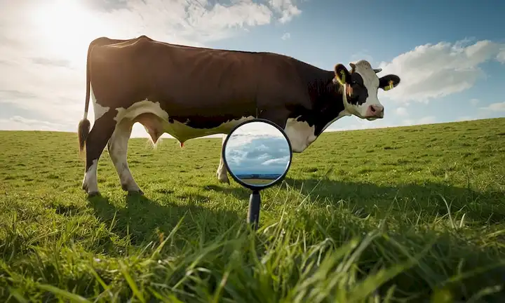 Una ubre de vacas con una lupa que se acerca en una sola gota de leche, rodeada de una sutil escobilla azul y un esbozo débil de partículas de virus de la gripe, un fondo de colinas rodantes y campos con pasto de vacas, luz solar filtrando a través de las nubes