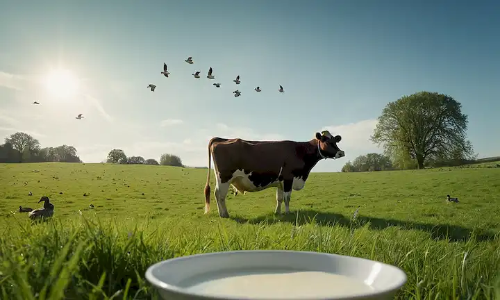 Una vaca pastando en un prado verde, con un rebaño de patos volando sobre la cabeza, un cuenco de leche en primer plano, una sombra débil de un virus en el fondo, un sutil gradiente de azul para representar serenidad y salud