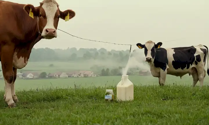 Vacas en un pasto con un fondo de mal gusto, trabajadores agrícolas recolectando leche, tiro de leche cruda que se derrama en una botella, un profesional médico que examina a un paciente bajo un microscopio, un pájaro encaramado en un alambre con plumas oxidadas, un paisaje urbano con gente que va sobre su vida diaria