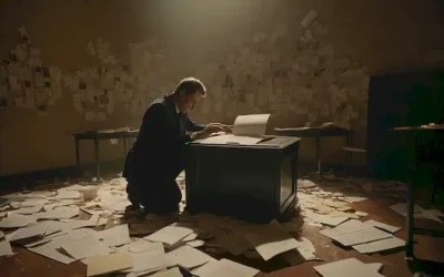 Una persona rodeada de papeles y libros esparcidos