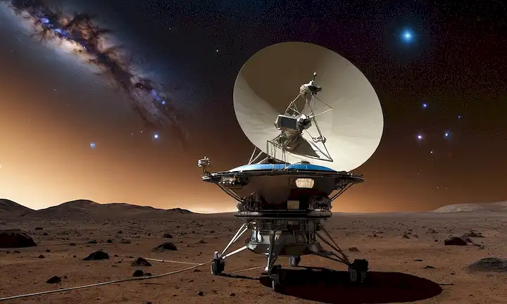 ilustración 3D de Voyager 2 naves espaciales, sistema solar en el fondo, estrellas y galaxias más allá, Tierra desde una perspectiva distante, nubes cósmicas, aura azul brillante alrededor de la artesanía, tendriles wispy de gas y polvo, pequeñas figuras de astronautas o brazos robóticos que conducen mantenimiento, esbozo débil de la órbita de Júpiters