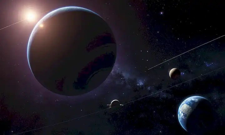 3D rendering of a spacecraft, Voyager 2, in distance space, with planeta Earth in background, solar system diagram, stars and galaxies, bright, spaceships trayectoriactory, dark blue or morado hue, orbiting distant planetas, outer reachs of the heliosphere, cubic dust