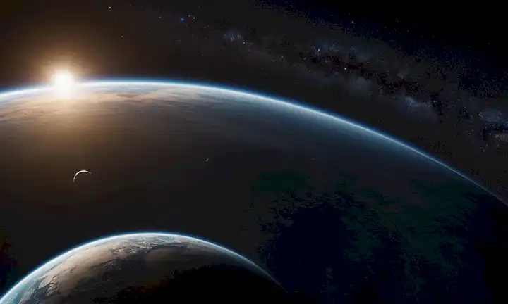nave espacial en órbita, vasto vacío, estrellas gemelas, planetas a distancia, fondo cósmico, brillo extraño, Tierra distante, centinela solitaria, vasta extensión, lienzo celestial, oscuridad infinita, luz débil, silencio cósmico y un indicio de misterio