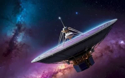 ilustración 3D de Voyager 2 naves espaciales en medio de nubes giratorias de gas y polvo cósmicos