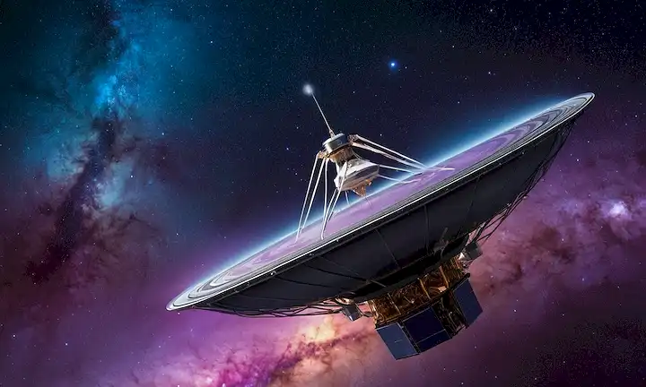 ilustración 3D de Voyager 2 naves espaciales en medio de nubes giratorias de gas y polvo cósmicos