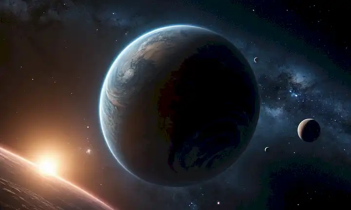 La nave espacial se acerca a un planeta lejano, con nubes agitadas y partículas atmosféricas, un vasto fondo de galaxias, estrellas y cuerpos celestes en movimiento, un sentido de inmensidad y aislamiento, un indicio de nostalgia para la exploración de humanidades se esfuerza