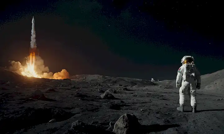 Un paisaje lunar desolado con un barco lejano de cohetes en llamas, un traje de astronauta en el suelo, y una bandera española desgarrada en medio del terreno rocoso, rodeada de cielos oscuros con estrellas volando como moribundas
