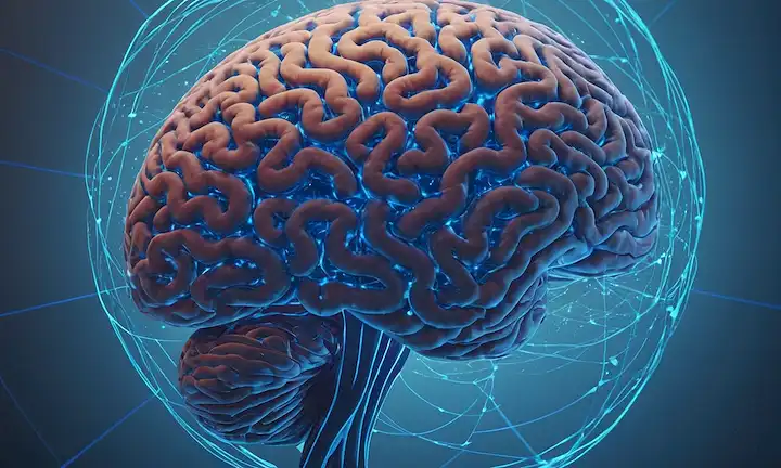 Estructura similar al cerebro 3D con nodos interconectados, líneas azules brillantes y patrones giratorios, formas orgánicas mezcladas en geometría abstracta, enfoque suave con efecto gradiente sutil, luz etérea emanando de dentro, colores vibrantes que pulsan con la vida