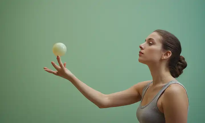 Una figura en la pose provocadora por el pensamiento, rodeada de una sutil escoria de fondo, con colores evocando curiosidad y contemplación, con manos que sostienen un objeto peculiar que parece desafiar la gravedad