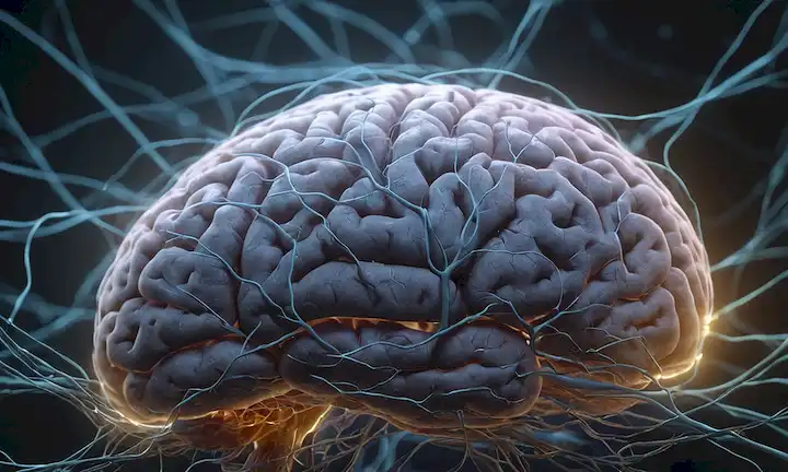 Estructura cerebral 3D con neuronas disparando en diferentes direcciones, brillo sutil rodeando áreas específicas, redes delicadas que conectan nodos, susurros de hilos etéreos, y sombras débiles de caminos cognitivos