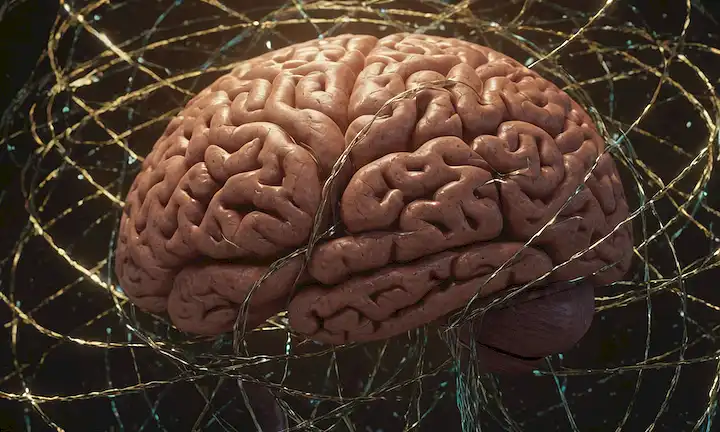 cerebro 3D con hilos enredados, planos intersecdores, vórtice giratorio, espejos fragmentados, piezas de rompecabezas dispersas, y un brillo sutil