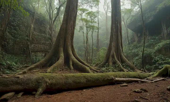 Bosque Birmania de 65 millones de años, mañana mutilada, troncos de árboles antiguos, sobrecrecidos con vegetación, restos fosilizados de Toumaï acostados en un afloramiento rocoso, tonos terrenales, iluminación cálida, sombras sutiles