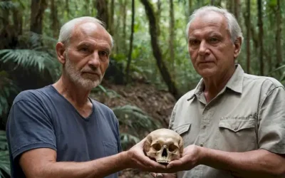 paleoantropólogo de 70 años Yves Coppens de pie junto a un modelo de tamaño natural de Toumaï