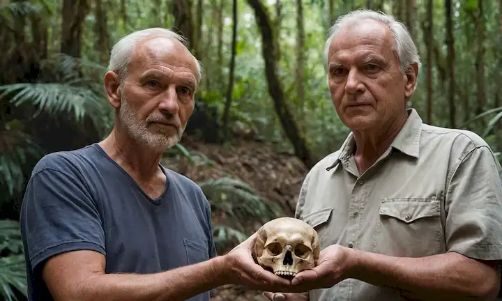 paleoantropólogo de 70 años Yves Coppens de pie junto a un modelo de tamaño natural de Toumaï