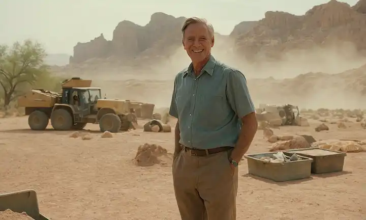 Científico de la era de 1960 en el paisaje del desierto con equipo polvoriento, sonriendo con un toque de emoción, de pie junto a un lugar de excavación improvisada con capas sedimentarias expuestas, luz caliente en la cara, terreno robusto con árboles de aspecto antiguo en el fondo, la tormenta de polvo sutil