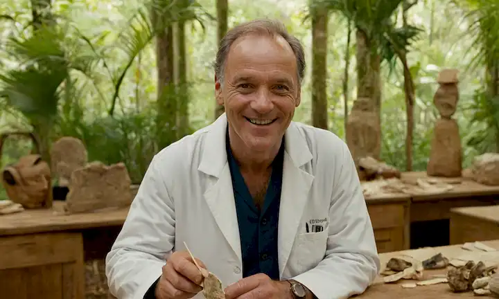Un retrato de un Yves sonriente sucede en un abrigo de laboratorio, sosteniendo un fragmento fósil con una suave sonrisa, rodeado de papeles dispersos y artefactos antiguos en mesas de madera, con esbozos débiles de árboles tropicales o follaje de selva en el fondo, cálida luz dorada iluminando su rostro, sutiles toques de savannas africanas o museos franceses