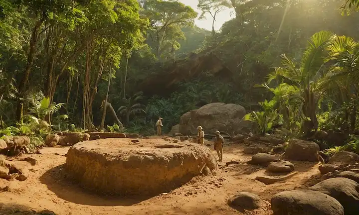 ilustración 3D del fósil Toumaï en el sitio de excavación, paleontólogo Yves ocurre en el fondo, paisaje tropical de la selva tropical con árboles y vides antiguos, luz dorada cálida filtrando a través de partículas de polvo sutiles y marcas de herramientas en la superficie del suelo, toques de formaciones de roca volcánica
